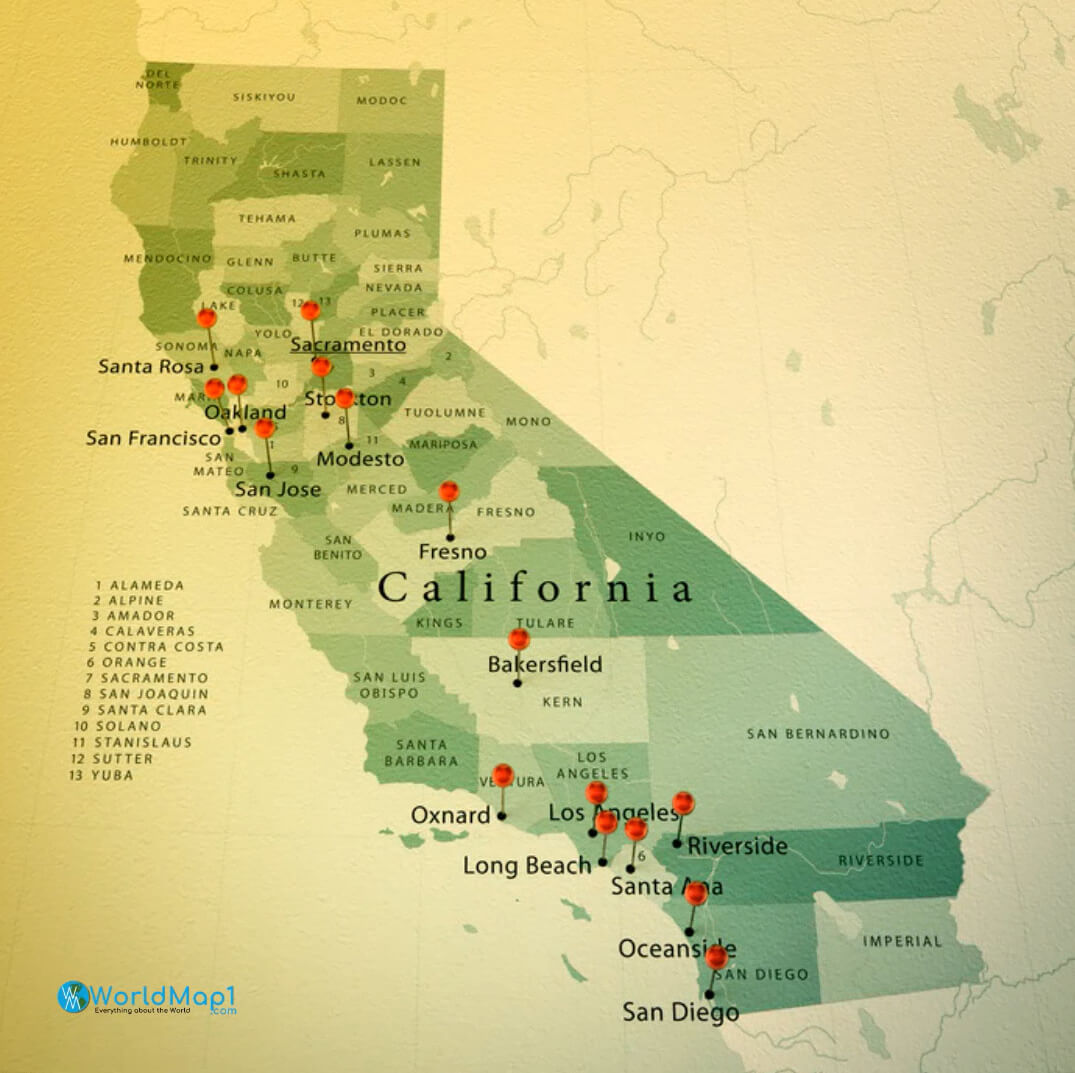Carte des villes et comtés de la Californie